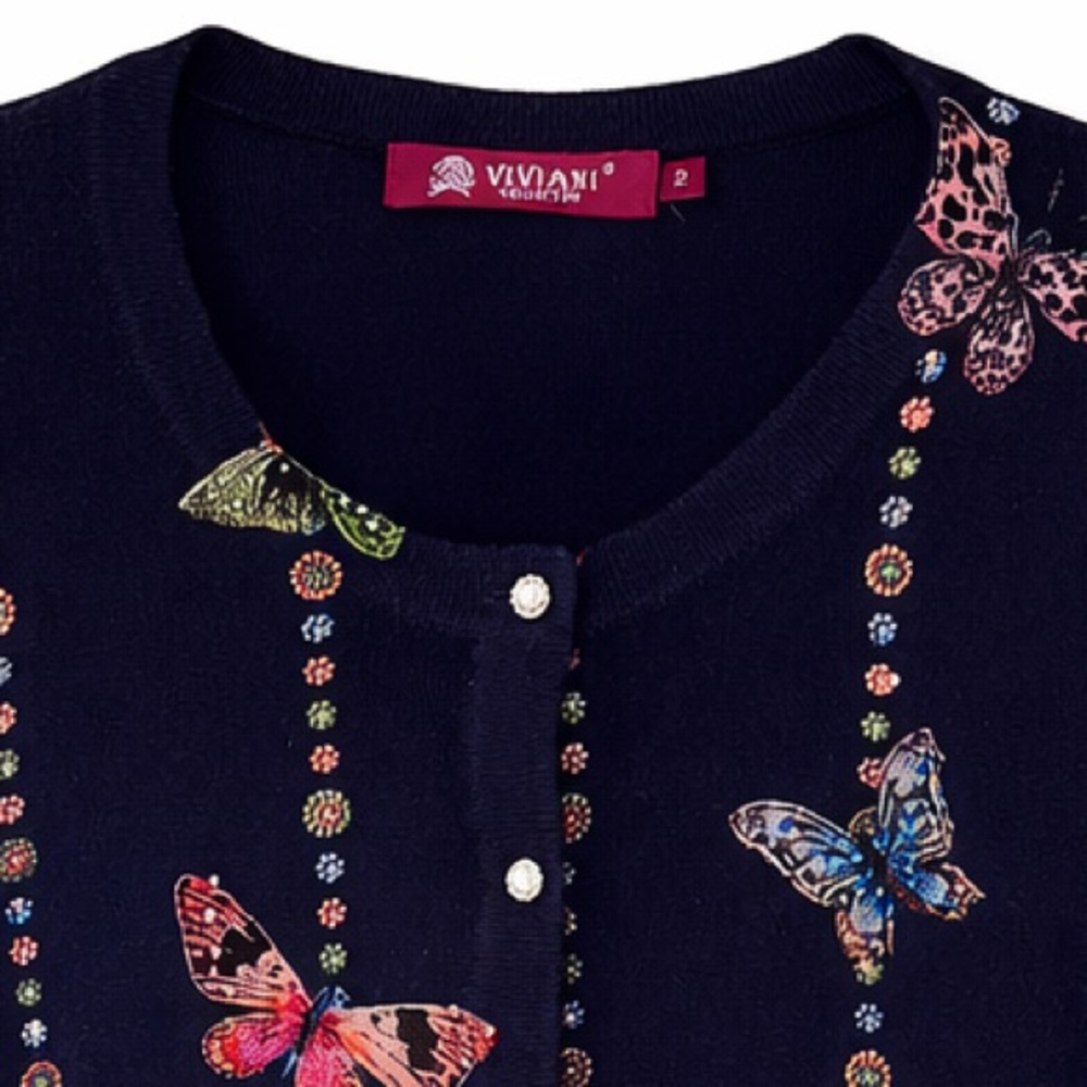 Viviani Collection Cashmere Wool Butterfly Embroidered Cardigan Navy Blue Size M - Picture 5 of 7